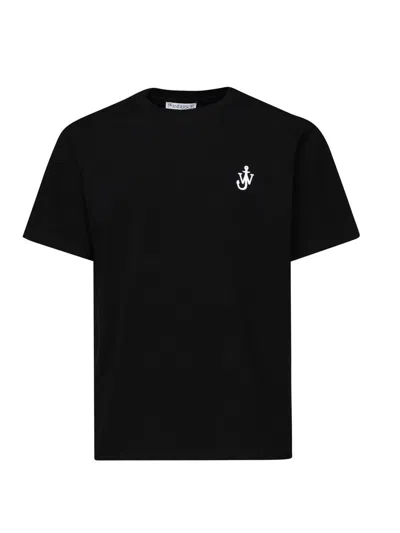Jw Anderson Black Crewneck T-shirt With Anchor Embroidery On The Front In Cotton Man In Black
