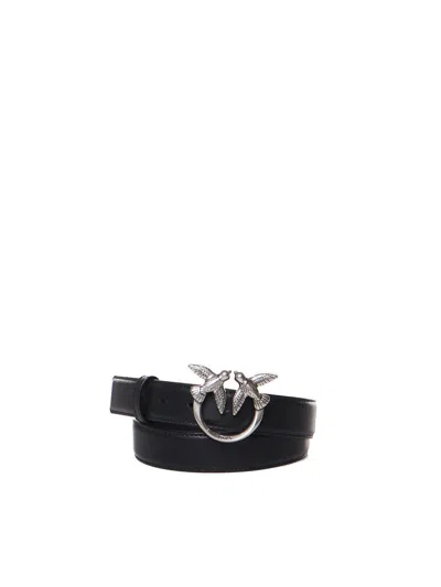 Pinko Love Birds Leather Belt In Black