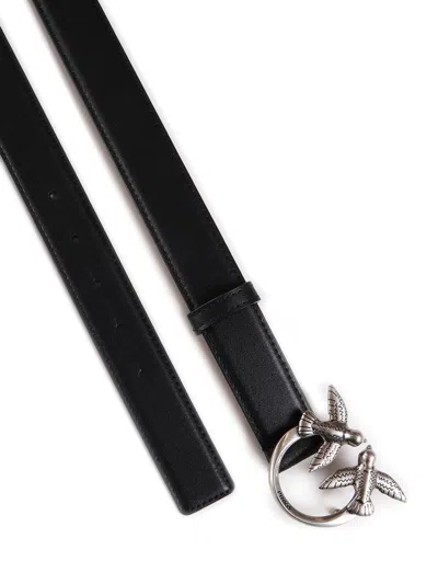 Pinko Love Birds Leather Belt In Black