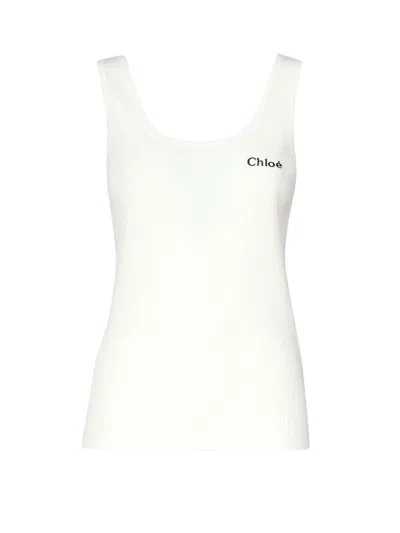 Chloé Embroidered Ribbed Cotton Tank In White