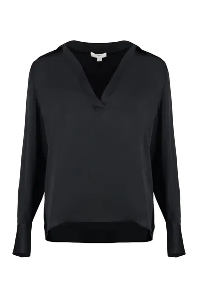 Vince Silk Blouse With V-neck And Side Slits In Black