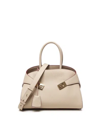 Ferragamo Medium Hug Leather Top Handle Bag In Beige