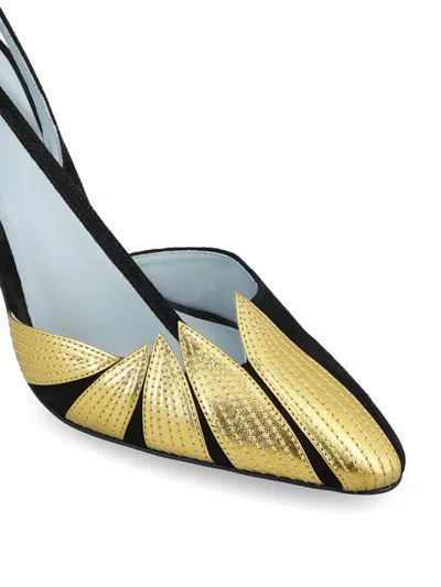 Valentino Foliefoliage 90 Suede Slingback Pumps In Black/old Gold