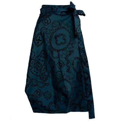 Bianca Popp Women's Black / Blue Wrapped Skirt In Teal Taffeta With Black Flowers In Black/blue