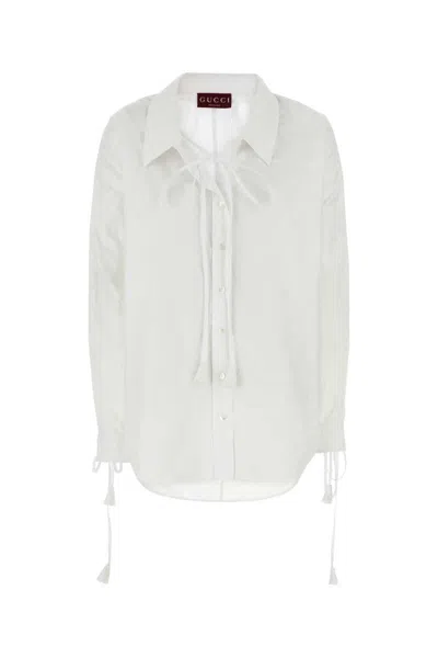 Gucci White Shirt With Pointed Collar With Tie Detail And Horsebit In Cotton Woman In White
