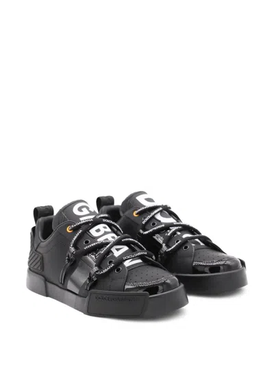 Dolce & Gabbana Black Calfskin And Patent Leather Portifino Sneakers