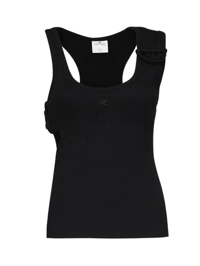 Courrèges Ribbed Scoop Neck Sleeveless Button Top In Black