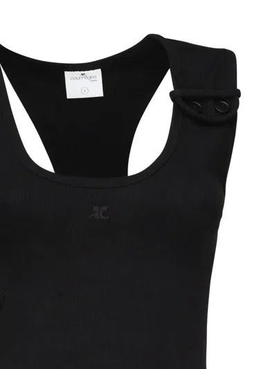 Courrèges Ribbed Scoop Neck Sleeveless Button Top In Black