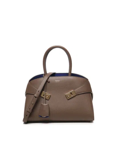 Ferragamo Shoulder Bag With Detachable Strap And Top Handles In Brown