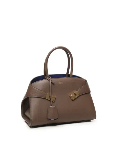 Ferragamo Shoulder Bag With Detachable Strap And Top Handles In Brown