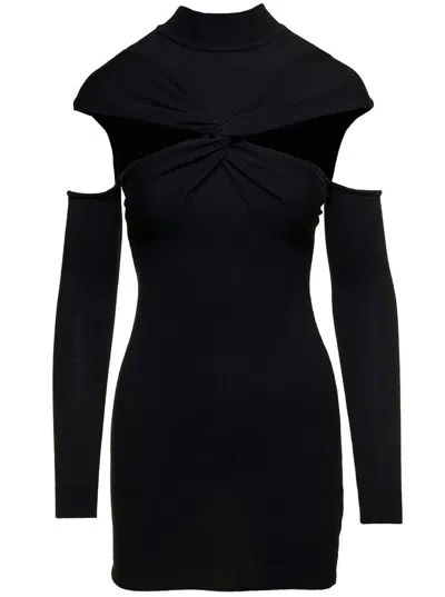 Coperni Black Mini Dress With Mock Neck And Twisted Cut-out In Wool Woman In Black