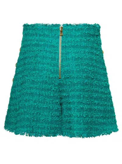 Balmain Green Button-embossed Tweed Shorts In Green