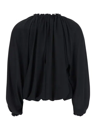 Plain Black Top With Dropped Shoulders And Curlsin Fabric Woman In Black