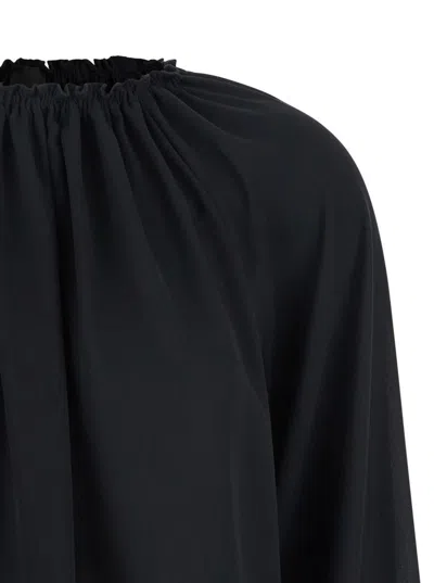 Plain Black Top With Dropped Shoulders And Curlsin Fabric Woman In Black