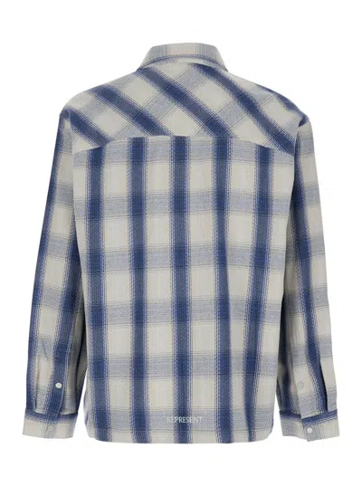 Represent Blue Shirt With Classic Collar And All-over Check Motif In Cotton Blend Man In Blue