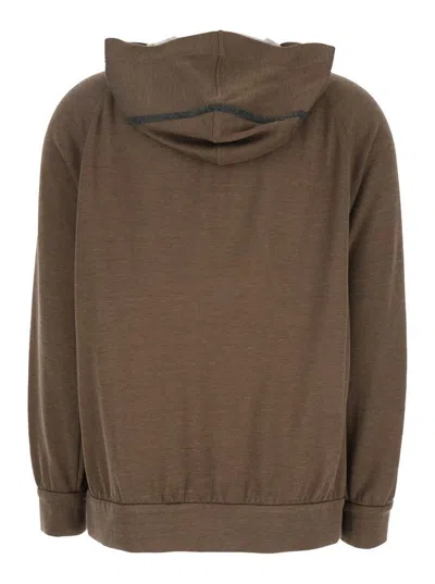 Brunello Cucinelli Brown Sweatshirt With Fixed Hood And Monil Detail On The Sleeve In Cotton Blend W In Brown