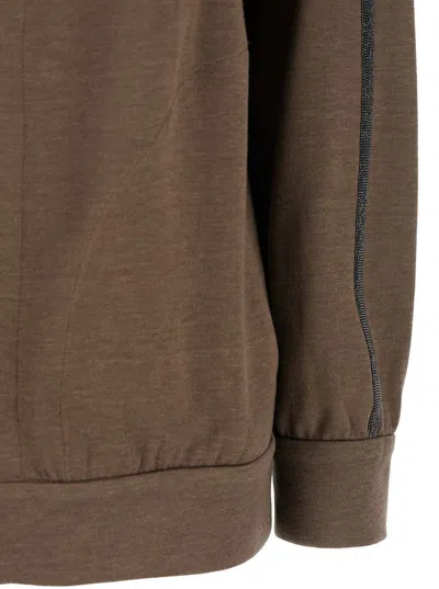 Brunello Cucinelli Brown Sweatshirt With Fixed Hood And Monil Detail On The Sleeve In Cotton Blend W In Brown