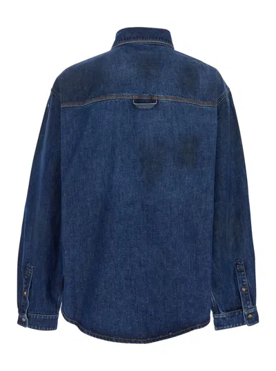 Shop Erl Blue Shirt With Pointed Collar And Logo Patch On The Front In Denim Man