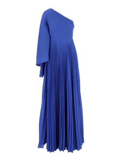 Solace London Maci Blue One-shoulder Long Dress With Pleated Effect In Tech Fabric Woman In Blue