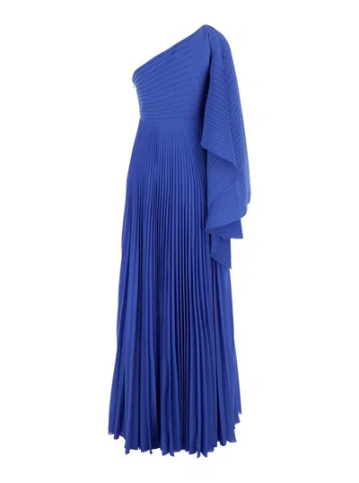 Solace London Maci Blue One-shoulder Long Dress With Pleated Effect In Tech Fabric Woman In Blue