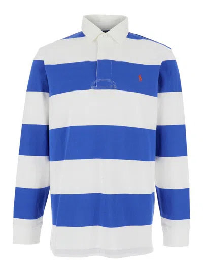 Polo Ralph Lauren Blue Polo Shirt With Pony Embroidery On The Front And All-over Striped Motif In Cotton Man In Blue