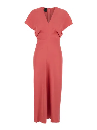 Plain Abito Maniche Corte Medi Scollo A V In Pink