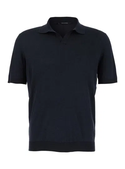 Shop Tagliatore Blue Polo Shirt With Buttonless Collar And Ribbed Trims In Silk Man