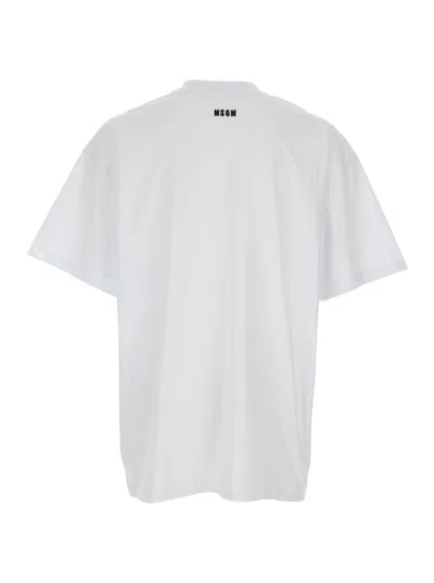 Shop Msgm White T-shirt With Print On The Front And Logo On The Back In Cotton Man