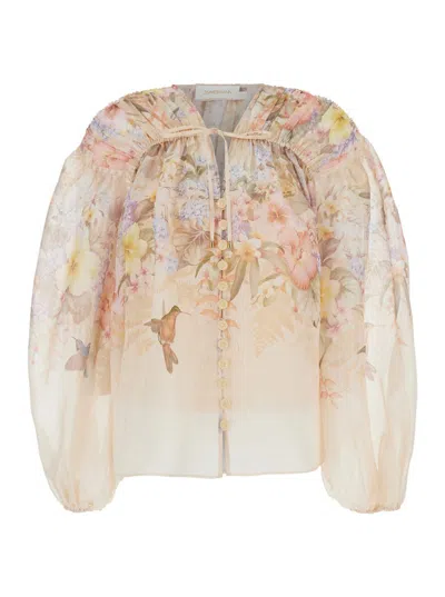 Zimmermann Illuminate Pleated Floral-print Linen And Silk-blend Blouse In Beige