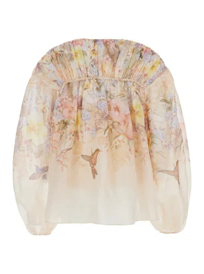 Zimmermann Illuminate Pleated Floral-print Linen And Silk-blend Blouse In Beige