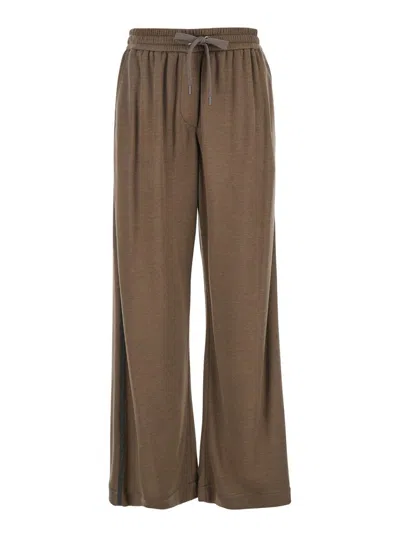 Brunello Cucinelli Brown Pants With Elastic Drawstring Waist And Monil Detail On The Side In Cotton Blend Woman In Brown