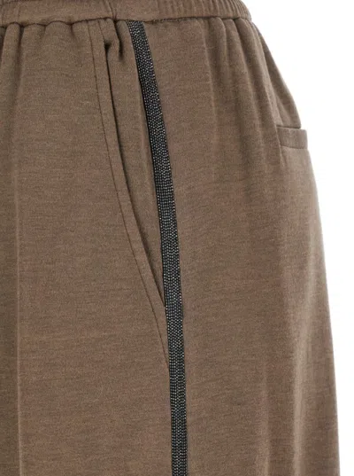 Brunello Cucinelli Brown Pants With Elastic Drawstring Waist And Monil Detail On The Side In Cotton Blend Woman In Brown