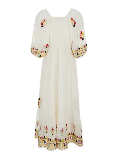 Derhy 'candice' White Long Dress With Wide Neckline On The Front And All-over Embroidery In Cotton Woman In White