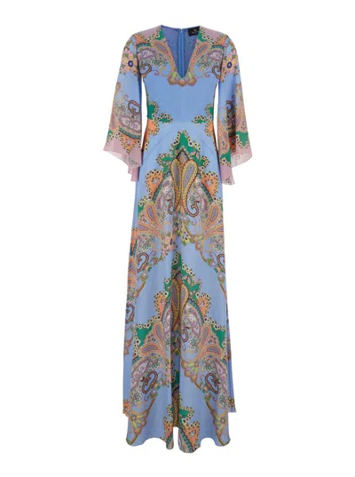 Etro Multicolor Long Dress With All-over Paisley Print And V-neck In Silk Woman In Multicolor
