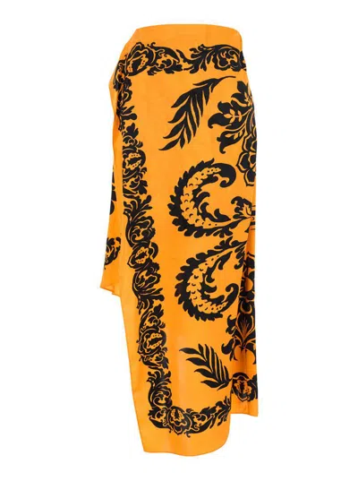 Etro Orange Skirt With Asymmetric Design And All-over Stencil Floral Print In Viscose Woman In Orange