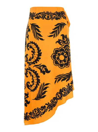Etro Orange Skirt With Asymmetric Design And All-over Stencil Floral Print In Viscose Woman In Orange