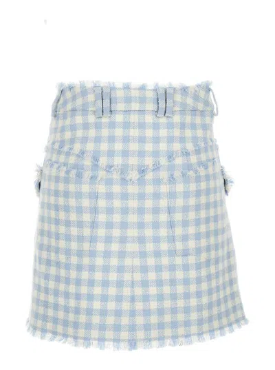 Balmain Button-embellished Frayed Gingham Cotton-blend Tweed Mini Skirt In Blue