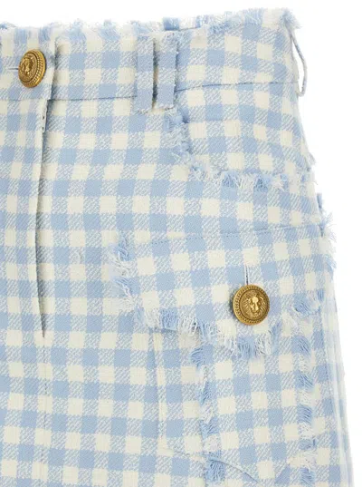 Balmain Button-embellished Frayed Gingham Cotton-blend Tweed Mini Skirt In Blue