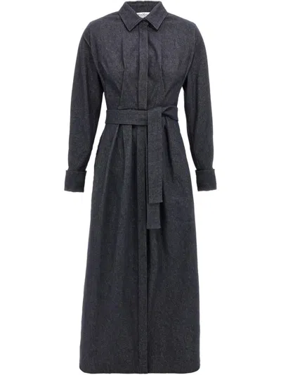 Max Mara Go Belted Waist Midi Dress With Long Sleeves In Blue