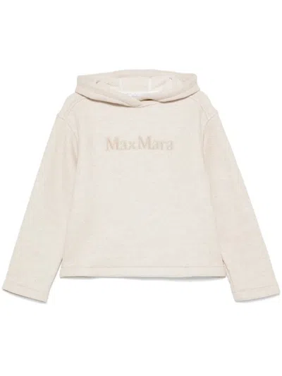 Max Mara Logo Cotton Hoodie With Classic Hood And Ribbed Finish In Beige