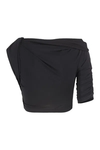 Jacquemus Draped One-shoulder Ruched Crop Top In Black