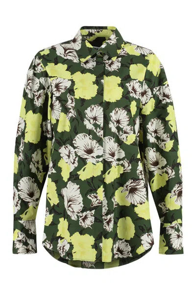 Msgm Cotton Shirt With Floral Print And Collar In Green