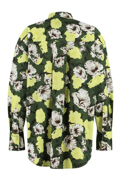 Msgm Cotton Shirt With Floral Print And Collar In Green