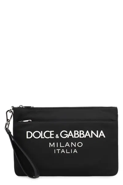 Dolce & Gabbana Black Pouch With Contrasting Rubberized Logo In Nylon In Black