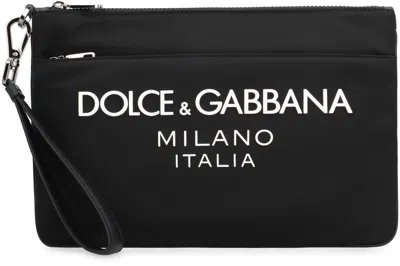 Dolce & Gabbana Black Pouch With Contrasting Rubberized Logo In Nylon In Black