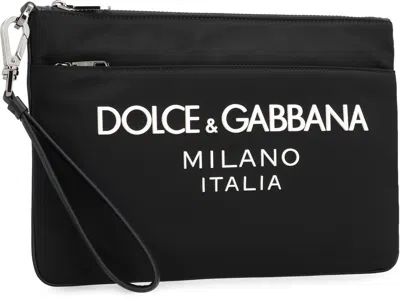 Dolce & Gabbana Black Pouch With Contrasting Rubberized Logo In Nylon In Black