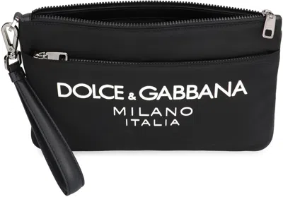 Dolce & Gabbana Black Pouch With Contrasting Rubberized Logo In Nylon In Black