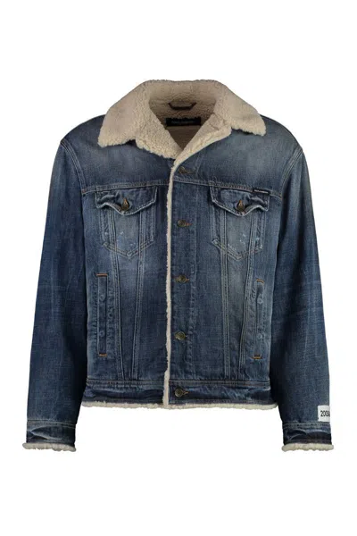 Dolce & Gabbana Buttoned Denim Jacket With Faux Shearling Finish In Navy