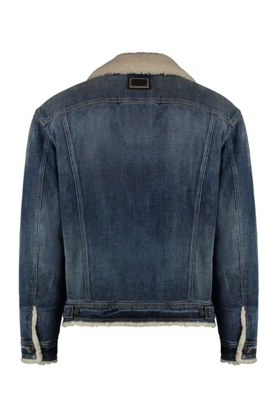 Dolce & Gabbana Buttoned Denim Jacket With Faux Shearling Finish In Navy