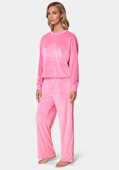 Bebe Crewneck Velour Rhinestone Front In Aurora Pink